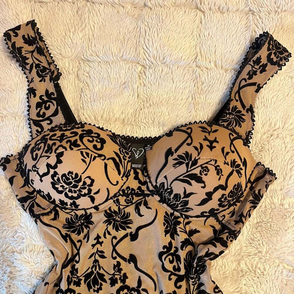 Windsor Black and Nude Flocked Velvet Floral Bodysuit with Cups
